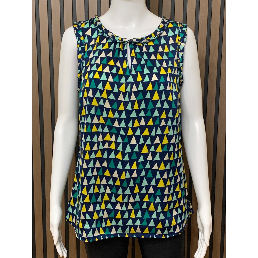 Talbots Women's M Navy Blue Geometric Triangle Ruffle Keyhole Sleeveless Top